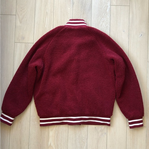 STUSSY Women’s Micah Varsity Bomber Jacket Size Small Wine Red Sherpa Snap - Picture 3 of 15